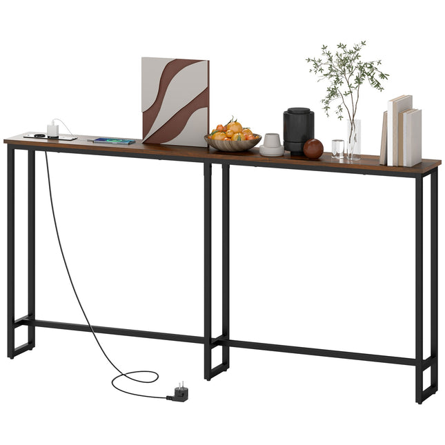 Industrial narrow console table, charging station, rustic brown