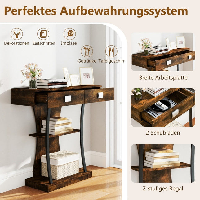 Console table with 2 drawers Entrance table made of wood with 2 shelves 91 x 30 x 87 cm Rustic brown