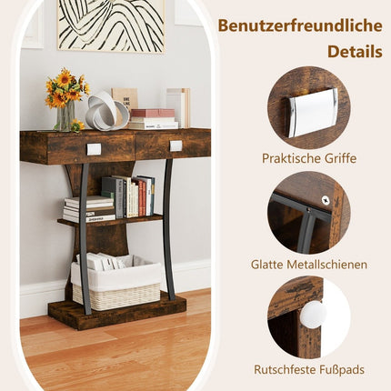 Console table with 2 drawers Entrance table made of wood with 2 shelves 91 x 30 x 87 cm Rustic brown