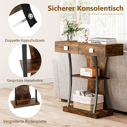 Console table with 2 drawers Entrance table made of wood with 2 shelves 91 x 30 x 87 cm Rustic brown