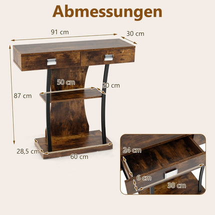 Console table with 2 drawers Entrance table made of wood with 2 shelves 91 x 30 x 87 cm Rustic brown