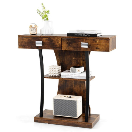 Console table with 2 drawers Entrance table made of wood with 2 shelves 91 x 30 x 87 cm Rustic brown