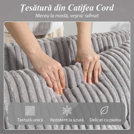 Convertible 2-Seater Cord Sofa Bed, 2 Pillows, Pockets, Grey