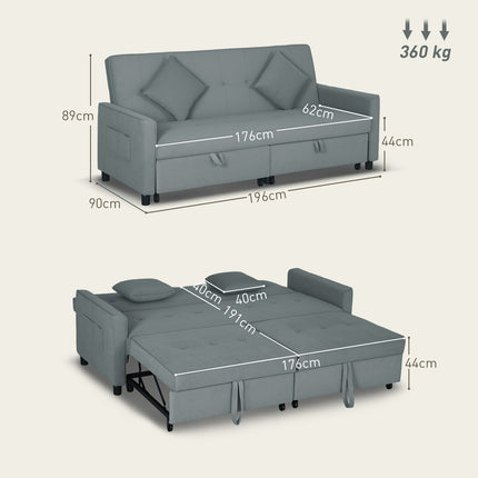 Convertible 3-Seater Sofa Bed with Adjustable Backrest, Grey