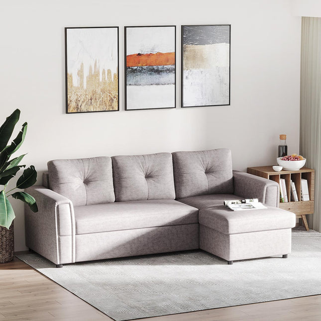 Omvormbare 3-zits slaapbank met chaise longue, grijze stof