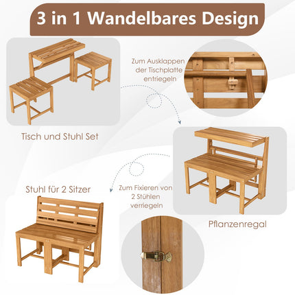 Convertible 3-in-1 Acacia Wood Garden Bench and Table Set