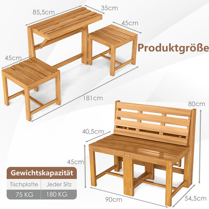 Convertible 3-in-1 Acacia Wood Garden Bench and Table Set