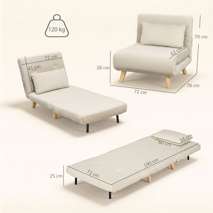 Convertible 3-in-1 Sofa Bed, Adjustable Backrest, Beige