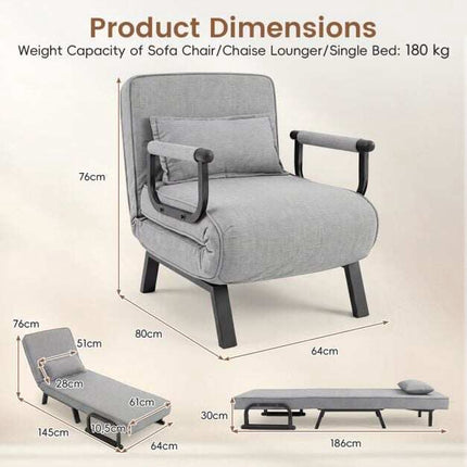 Convertible Armchair Sofa Bed, Adjustable Backrest, Light Grey