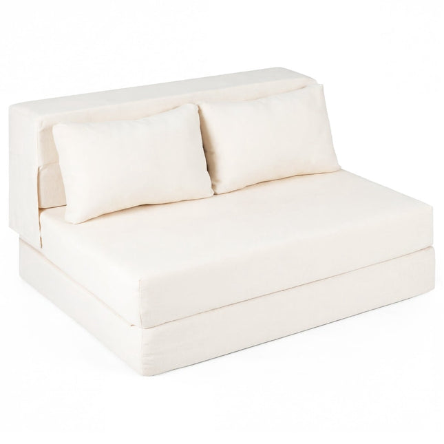 Omvormbare chenille slaapbank met 2 kussens, beige
