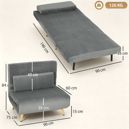 Convertible Corduroy Sleeper Chair – Dark Grey, Adjustable Back