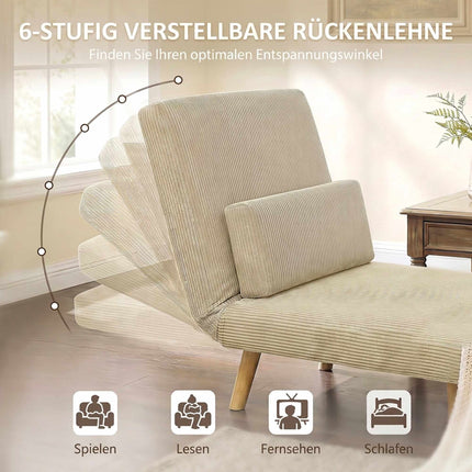Convertible Corduroy Sofa Bed, Adjustable Backrest, Beige