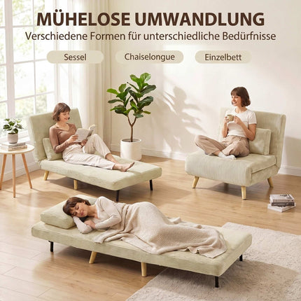 Convertible Corduroy Sofa Bed, Adjustable Backrest, Beige