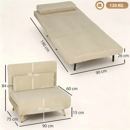 Convertible Corduroy Sofa Bed, Adjustable Backrest, Beige