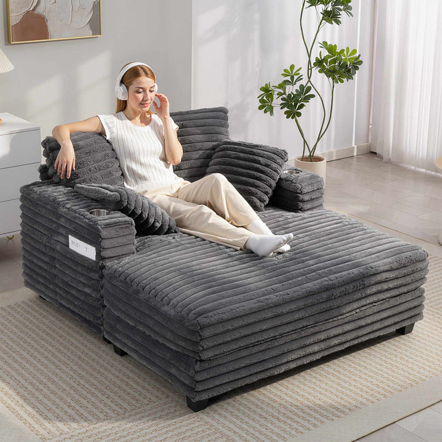 Omvormbare corduroy slaapbank met bekerhouders, grijs
