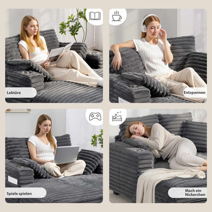Convertible Corduroy Sofa Bed with Cup Holders, Grey