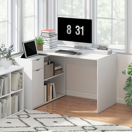Convertible Desk with Storage, White Wood, L-Shape Option