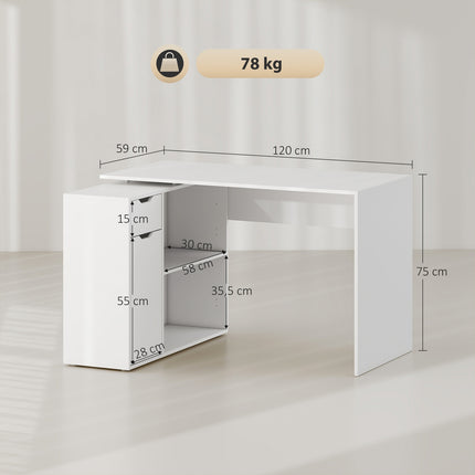 Convertible Desk with Storage, White Wood, L-Shape Option