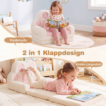 Convertible Kids Sofa to Lounger, Pink Velvet, Removable Cover