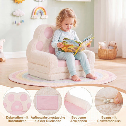 Convertible Kids Sofa to Lounger, Pink Velvet, Removable Cover
