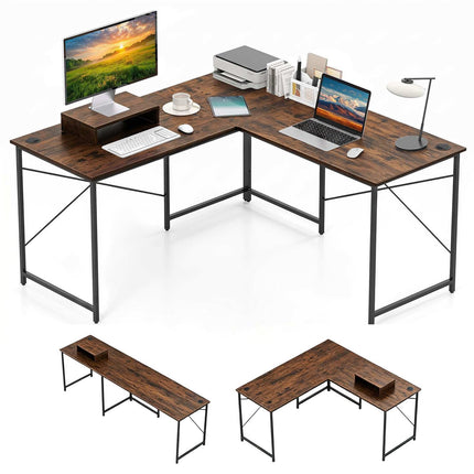 Convertible L-Shaped Desk with Monitor Stand, Rustic Brown