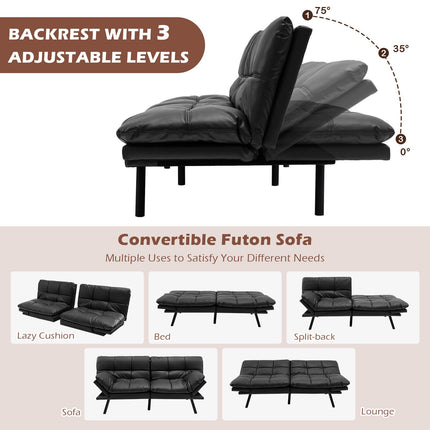 Convertible Memory Foam Futon Sofa Bed, Adjustable Arms, Black