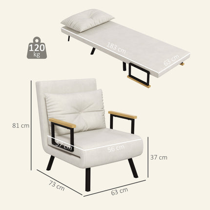 Convertible Sleeper Chair, 5-Position Recliner, Cream, With Cushion