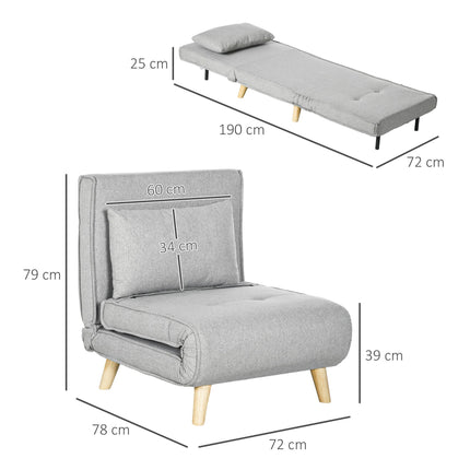 Convertible Sleeper Chair, Adjustable Backrest, Linen Look, Light Grey
