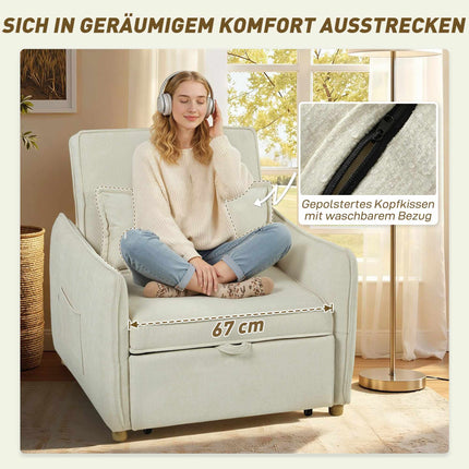 Convertible Sleeper Chair with Bed Function, Cream, 3-in-1