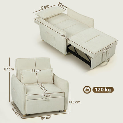 Convertible Sleeper Chair with Bed Function, Cream, 3-in-1