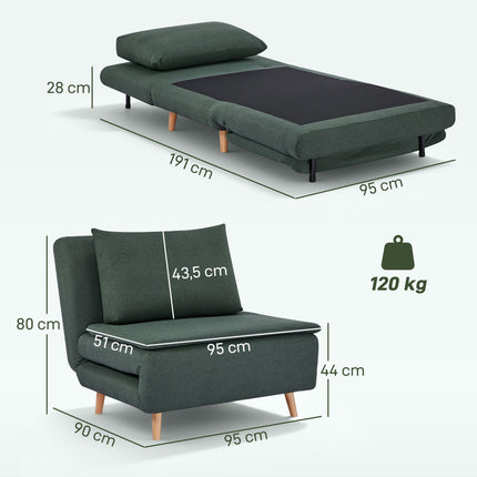 Convertible Sofa Bed Chair – Adjustable Backrest, Beechwood Legs, Dark Green