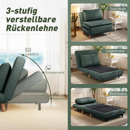 Convertible Sofa Bed Chair – Adjustable Backrest, Beechwood Legs, Dark Green