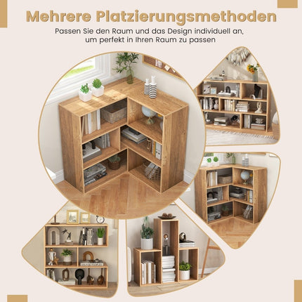 Convex bookcase with 3 shelf levels and anti-tip protection. Modern presentation shelf, natural