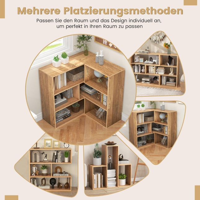 Convex bookcase with 3 shelf levels and anti-tip protection. Modern presentation shelf, natural