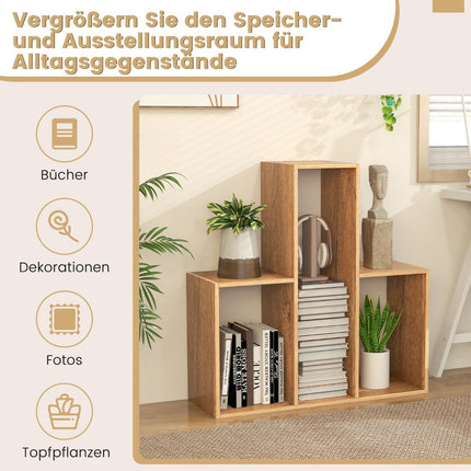 Convex bookcase with 3 shelf levels and anti-tip protection. Modern presentation shelf, natural