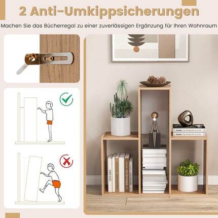 Convex bookcase with 3 shelf levels and anti-tip protection. Modern presentation shelf, natural