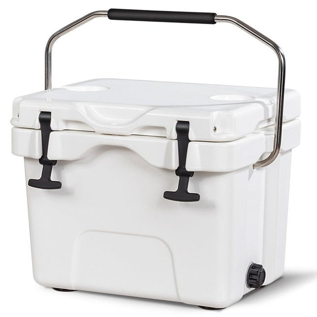 Cool box with 15 L capacity ice chest with handle drain plug & 2 drink holders white