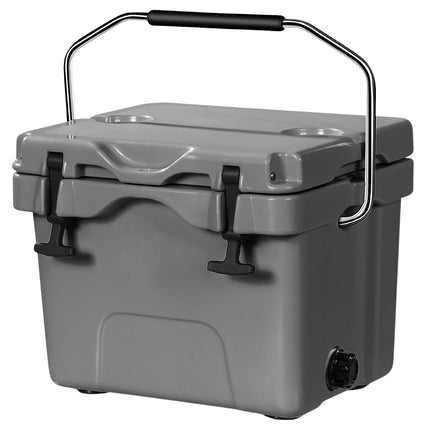Cool box with 15 liter capacity, ice chest with handle, drain plug and 2 cup holders, grey