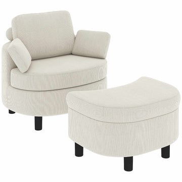 Cord Reading Armchair With Storage Ottoman, Cream White