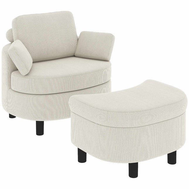Cord leesfauteuil met opbergruimte onder de voetenbank, crèmewit