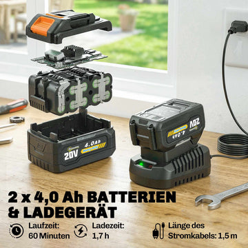 Cordless Grass Trimmer 21V, 25cm Cutting Width, 2x4.0Ah Batteries