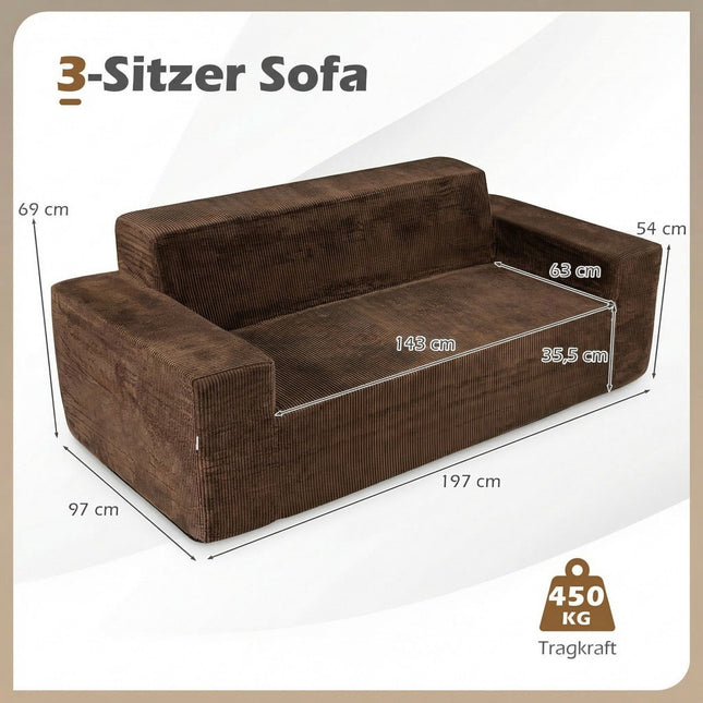 Corduroy 3-zitsbank met hoge rugleuning en brede armleuningen, bruin
