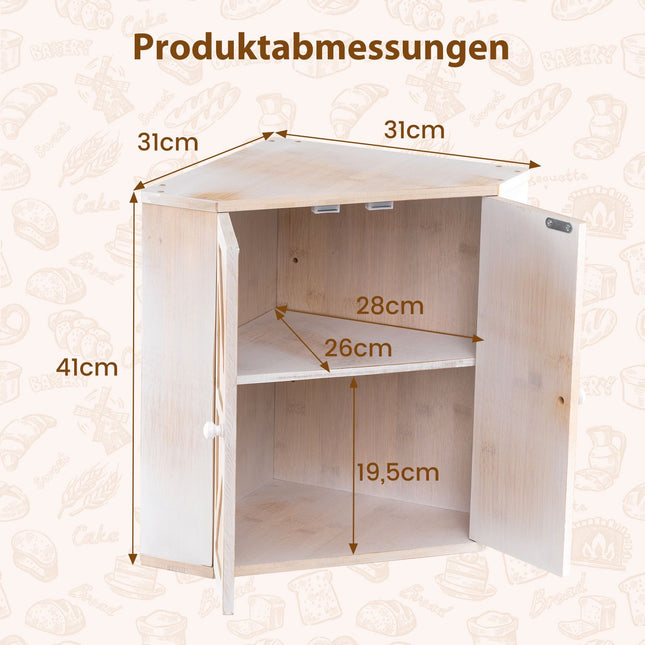 Corner Bamboo Bread Box with Adjustable Shelf & 2 Doors