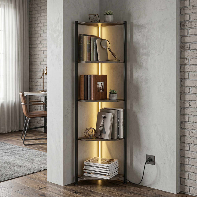 Corner Bookshelf, 5-Tier LED Corner Shelf, Rustic Brown