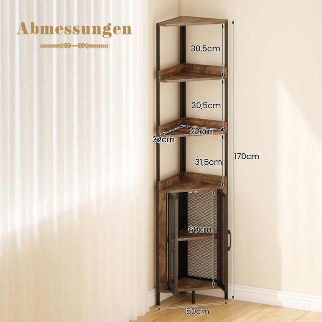 Corner Bookshelf with Cabinet & Metal Frame, 170 cm