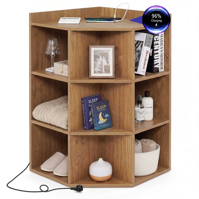Corner Bookshelf with Charging Station, 9 Shelves, 2 USB, 4 Outlets