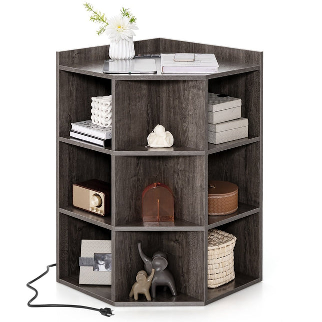 Corner Bookshelf with Charging Station, 9 Shelves, Grey