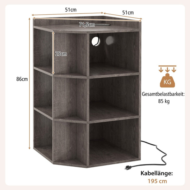 Corner Bookshelf with Charging Station, 9 Shelves, Grey