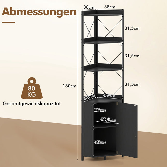 Corner Bookshelf with Storage, 5-Tier, Black, 180 cm