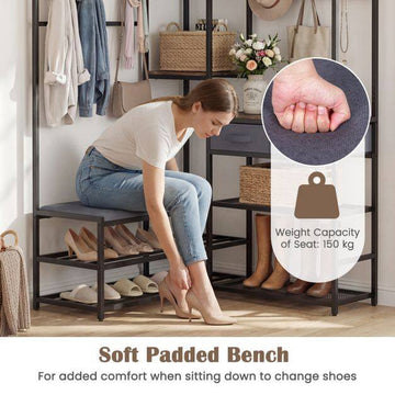 Corner Coat Rack with Bench, Shoe Storage, 5 Shelves, Black